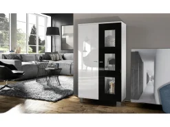 Vladon Vitrina Denjo, Cristalera con 2 Puertas y 3 Estantes de cristal, Blanco mate/Blanco de alto brillo/Negro de alto brillo (71 x 129 x 35 cm)