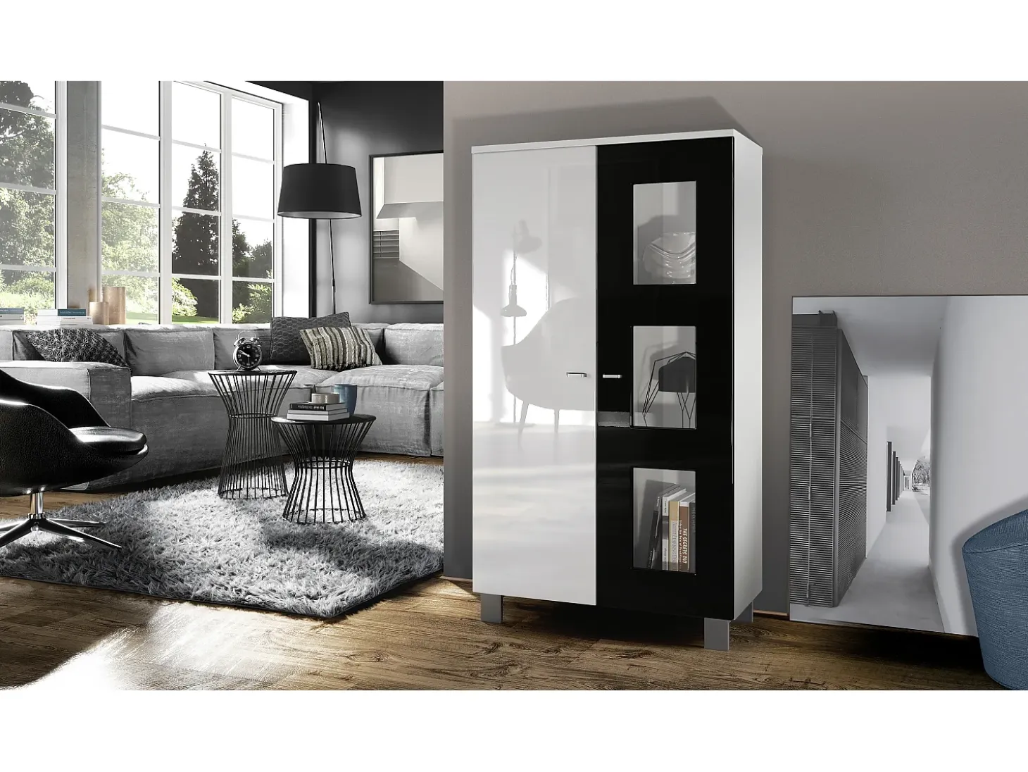 Vladon Vitrina Denjo, Cristalera con 2 Puertas y 3 Estantes de cristal, Blanco mate/Blanco de alto brillo/Negro de alto brillo (71 x 129 x 35 cm)