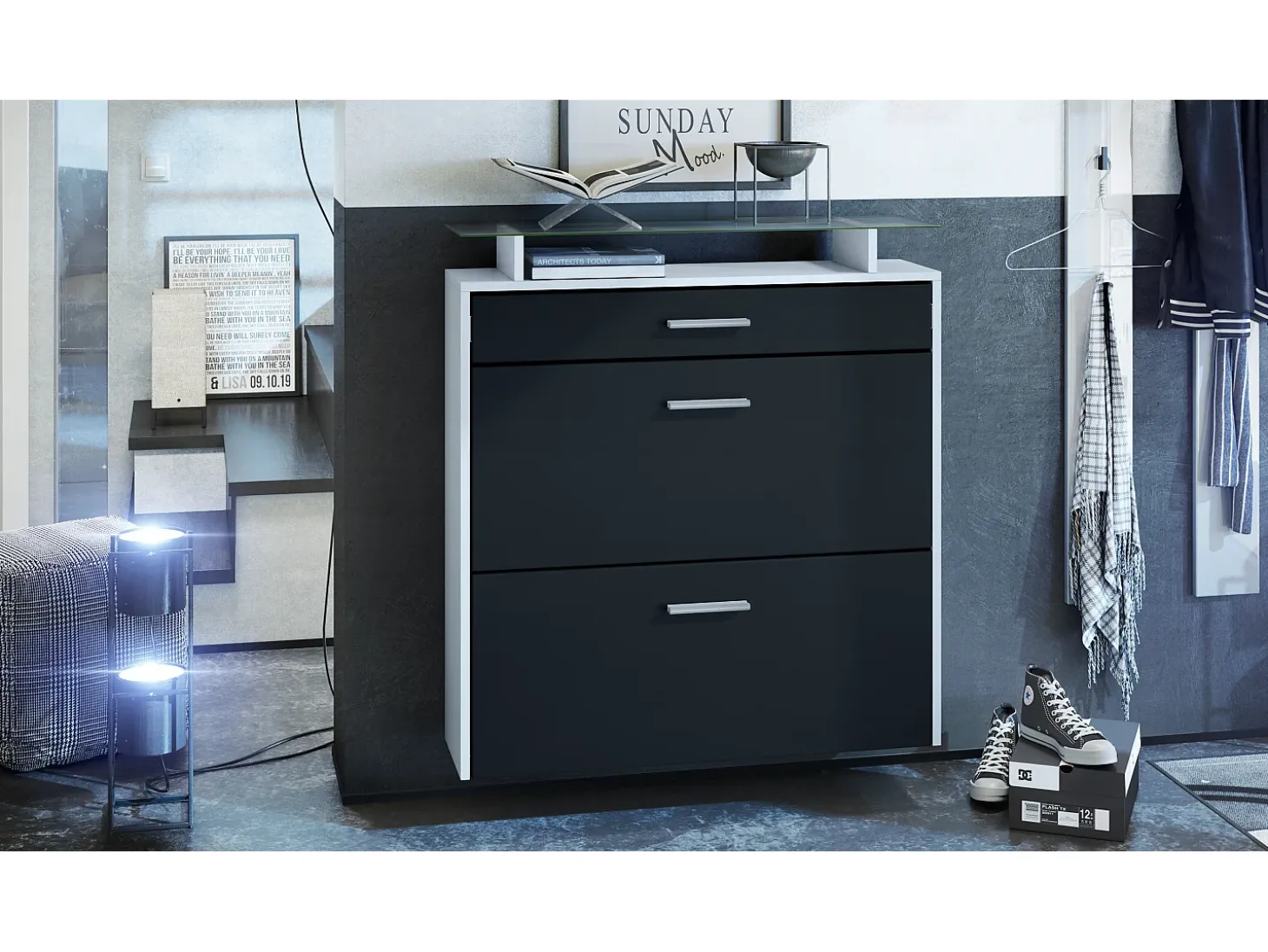 Vladon Zapatero Malea, Zapatero Colgante para 16 pares de zapatos con 2 Puertas abatibles y 1 Cajón y Estante de cristal, Blanco mate/Negro mate (89 x 96 x 23 cm)