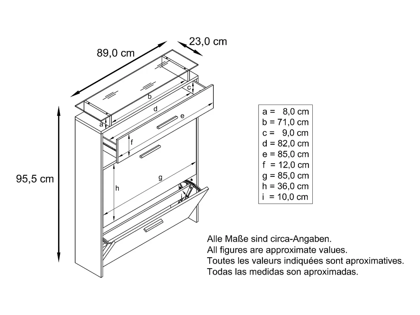 Vladon Zapatero Malea, Zapatero Colgante para 16 pares de zapatos con 2 Puertas abatibles y 1 Cajón y Estante de cristal, Blanco mate/Negro mate (89 x 96 x 23 cm)