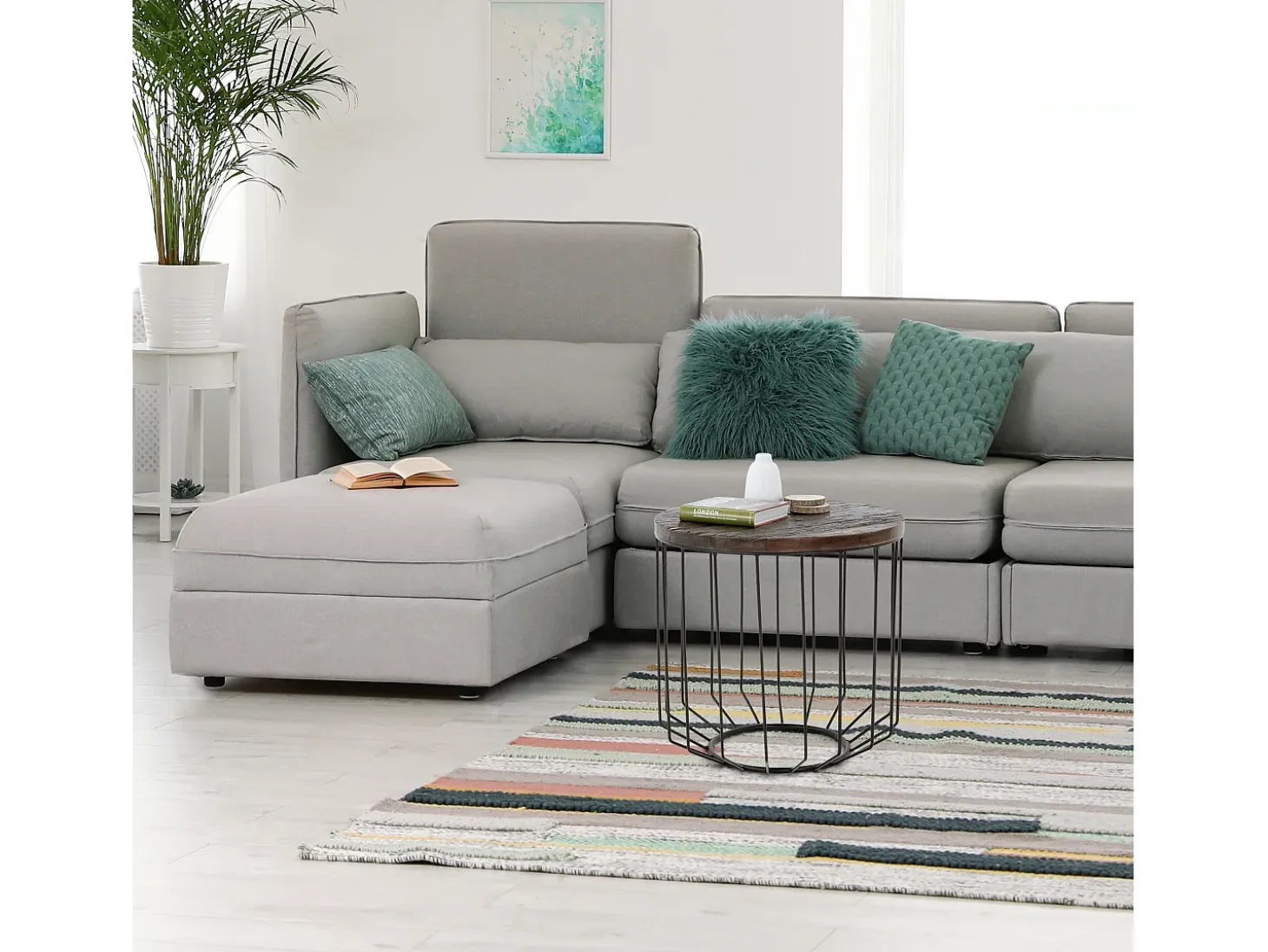 WOMO-DESIGN Mesa auxiliar de centro Ø 50x50 cm mesita lateral de café y té hecha a mano redonda de madera con marco de metal para salón estilo cesta