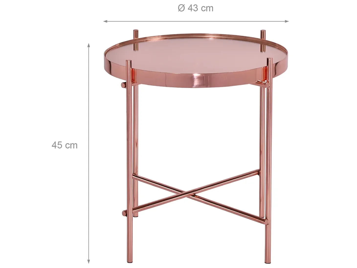 WOMO-DESIGN Mesa auxiliar lateral Houston Ø43x45cm mesita de centro redonda de cristal y metal color cobre para salón sofá, estilo ligero y aireado