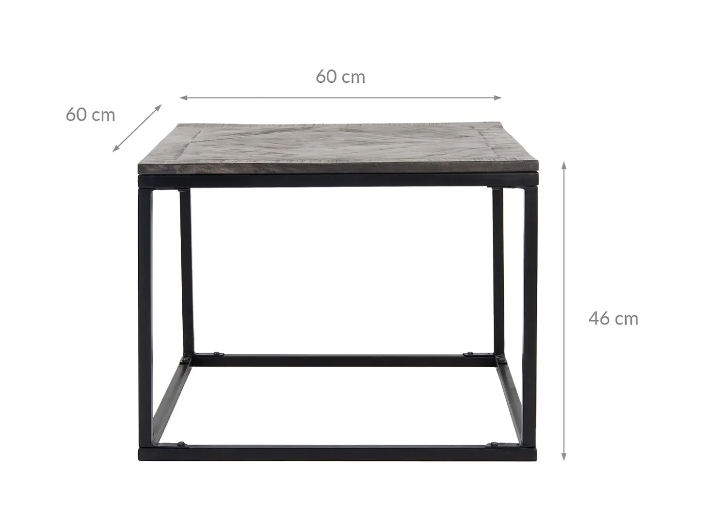 WOMO-DESIGN Mesa auxiliar de centro 60x60cm mesita de café cuadrada madera de mango con marco de metal patrón de espiga hecha a mano para salón