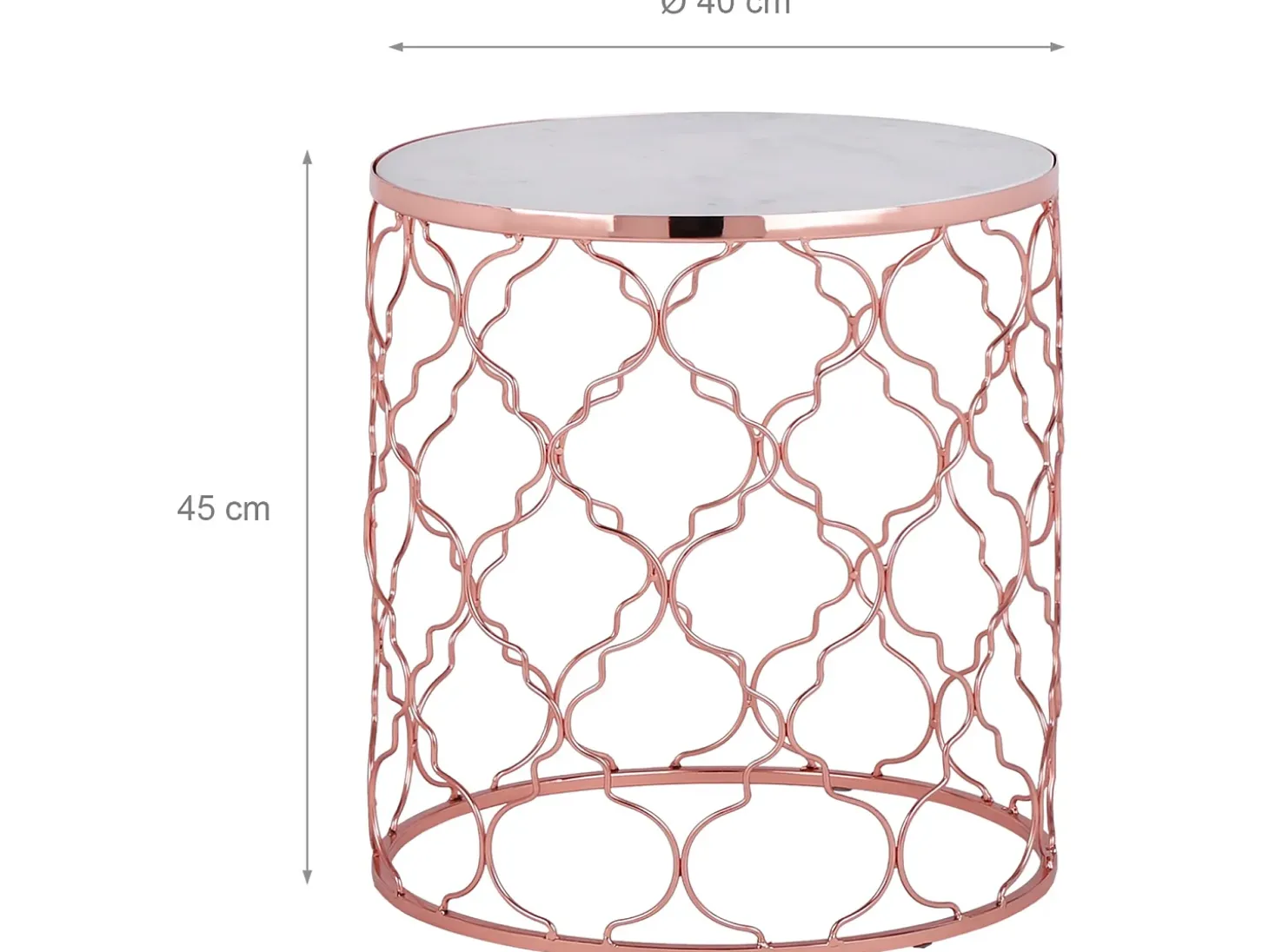 WOMO-DESIGN Set Phoenix 2x Mesa auxiliar lateral Ø40/45 cm mesita de centro redonda de mármol blanco y metal cobre para salón, estilo ligero y aireado