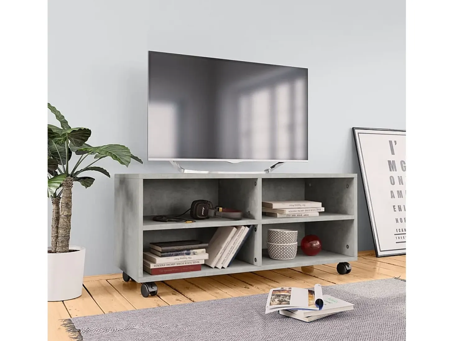 Yron Mueble de TV con ruedas contrachapada gris hormigón 90x35x35 cm