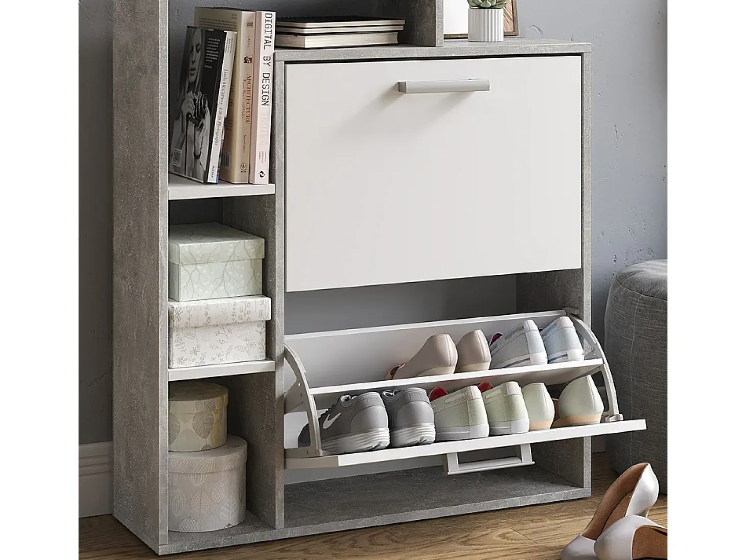 Zapatera abatible blanco/hormigón 24.5x80x90 orlando
