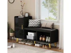 Zapatero - 120 x 35 x 71,5 cm - con asiento tapizado + espacio de almacenaje - aglomerado - negro