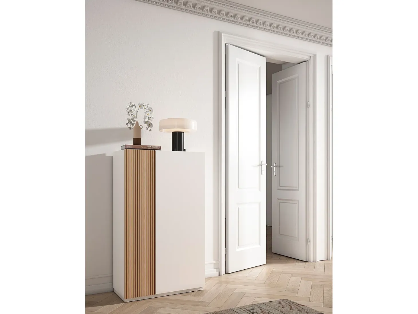 Zapatero - A122cm x L70cm x P35cm blanco puerta serig. vallado - Akra