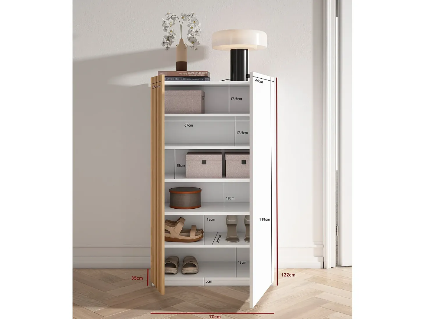 Zapatero - A122cm x L70cm x P35cm blanco puerta serig. vallado - Akra