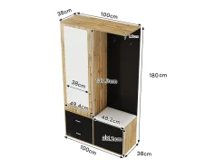 Zapatero + banco + armario con espejo - 2 puertas y 2 cajones - 100x38x180cm - Tablero de partículas - Negro y natural