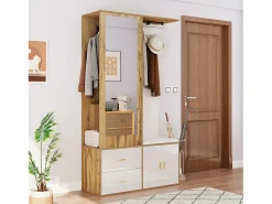 Zapatero + banco + armario con espejo - 2 puertas y 2 cajones - 100x38x180cm - Tablero de partículas - Blanco y natural