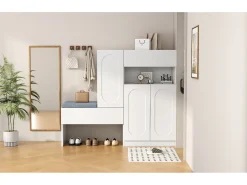 Zapatero 2 en 1 - 130 x 35 x 110 cm - con 3 puertas + banco acolchado - aglomerado - blanco