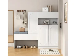 Zapatero 2 en 1 con puertas arqueadas, cierre suave, estantes regulables y banco acolchado, blanco (130x35x110 cm)