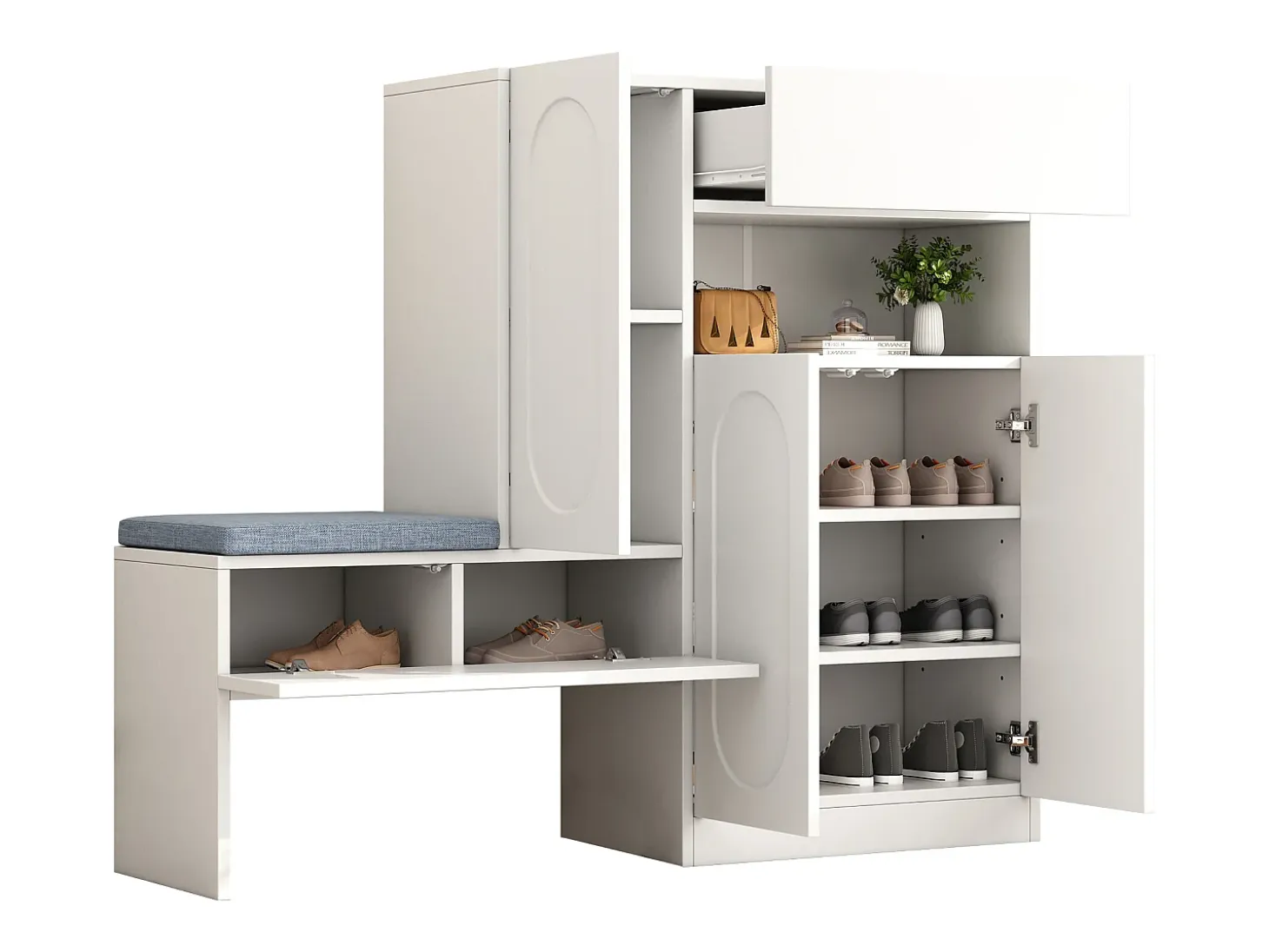 Zapatero 2 en 1 con puertas arqueadas, cierre suave, estantes regulables y banco acolchado, blanco (130x35x110 cm)