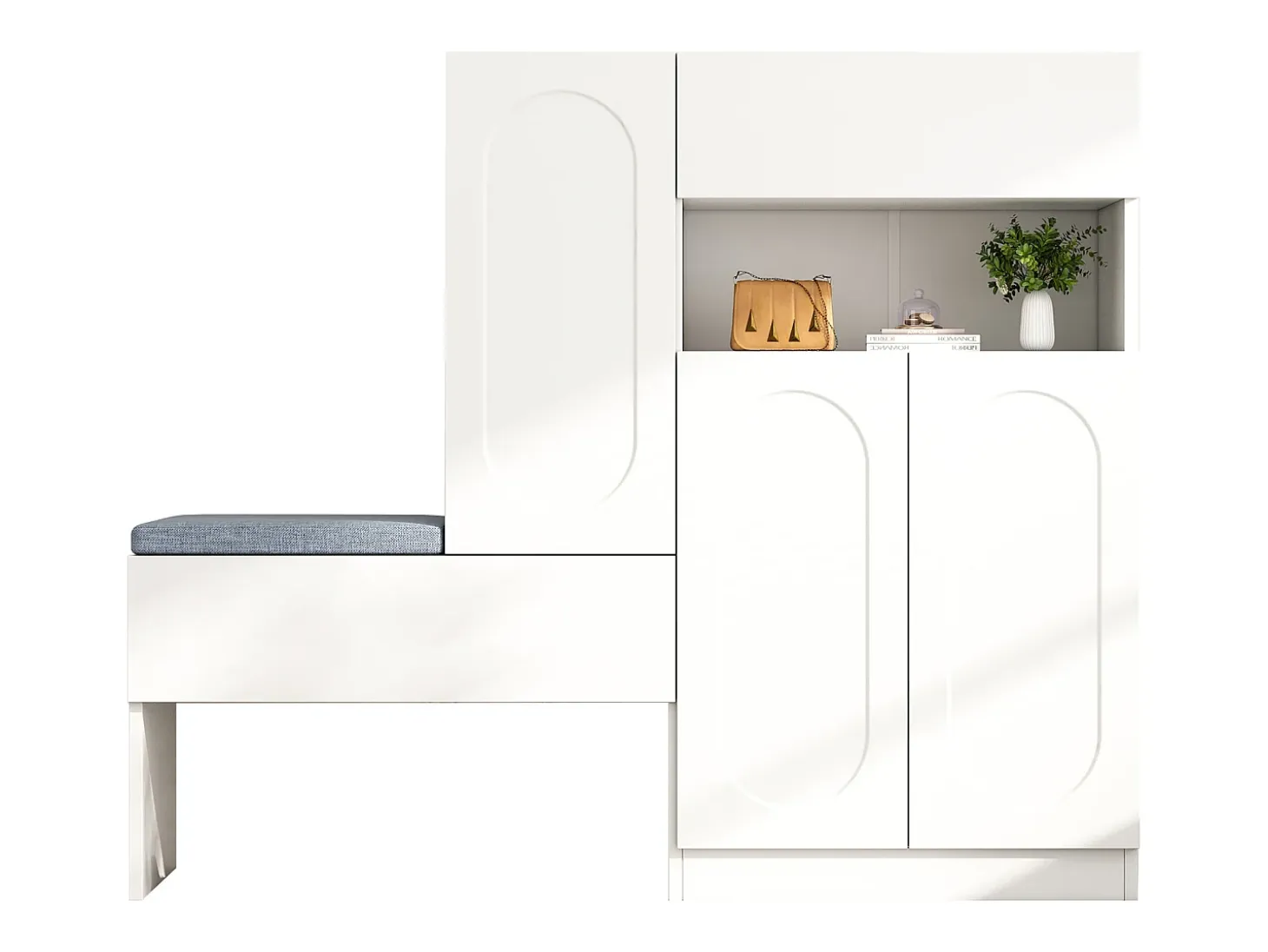 Zapatero 2 en 1 con puertas arqueadas, cierre suave, estantes regulables y banco acolchado, blanco (130x35x110 cm)