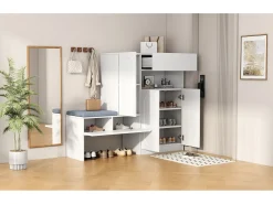 Zapatero 2 en 1 con puertas arqueadas, cierre suave, estantes regulables y banco acolchado, blanco (130x35x110 cm)