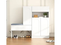 Zapatero 2 en 1 con puertas arqueadas, cierre suave, estantes regulables y banco acolchado, blanco (130x35x110 cm)