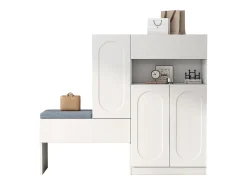 Zapatero 2 en 1 con puertas arqueadas, cierre suave, estantes regulables y banco acolchado, blanco (130x35x110 cm)