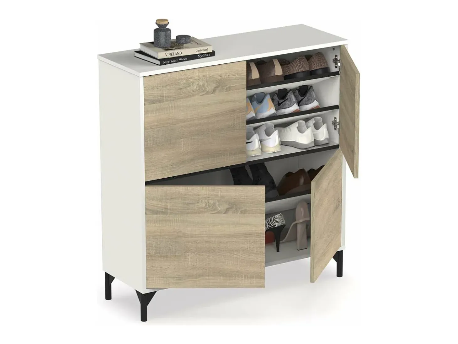 Zapatero 4 puertas Tokio en roble cambrian/blanco. 101cm(ancho) 96.5cm(altura) 33cm(fondo)