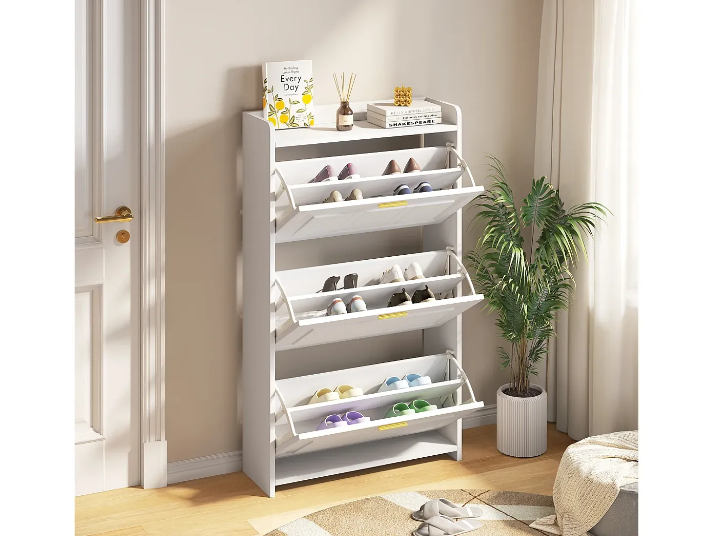 Zapatero 70 x 24 x 120 cm con 6 compartimentos - Blanco