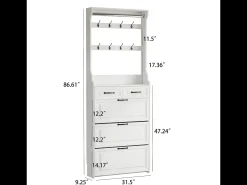 Zapatero blanco - Zapatero con 2 cajones y 3 puertas - 8 ganchos - para entrada y dormitorio
