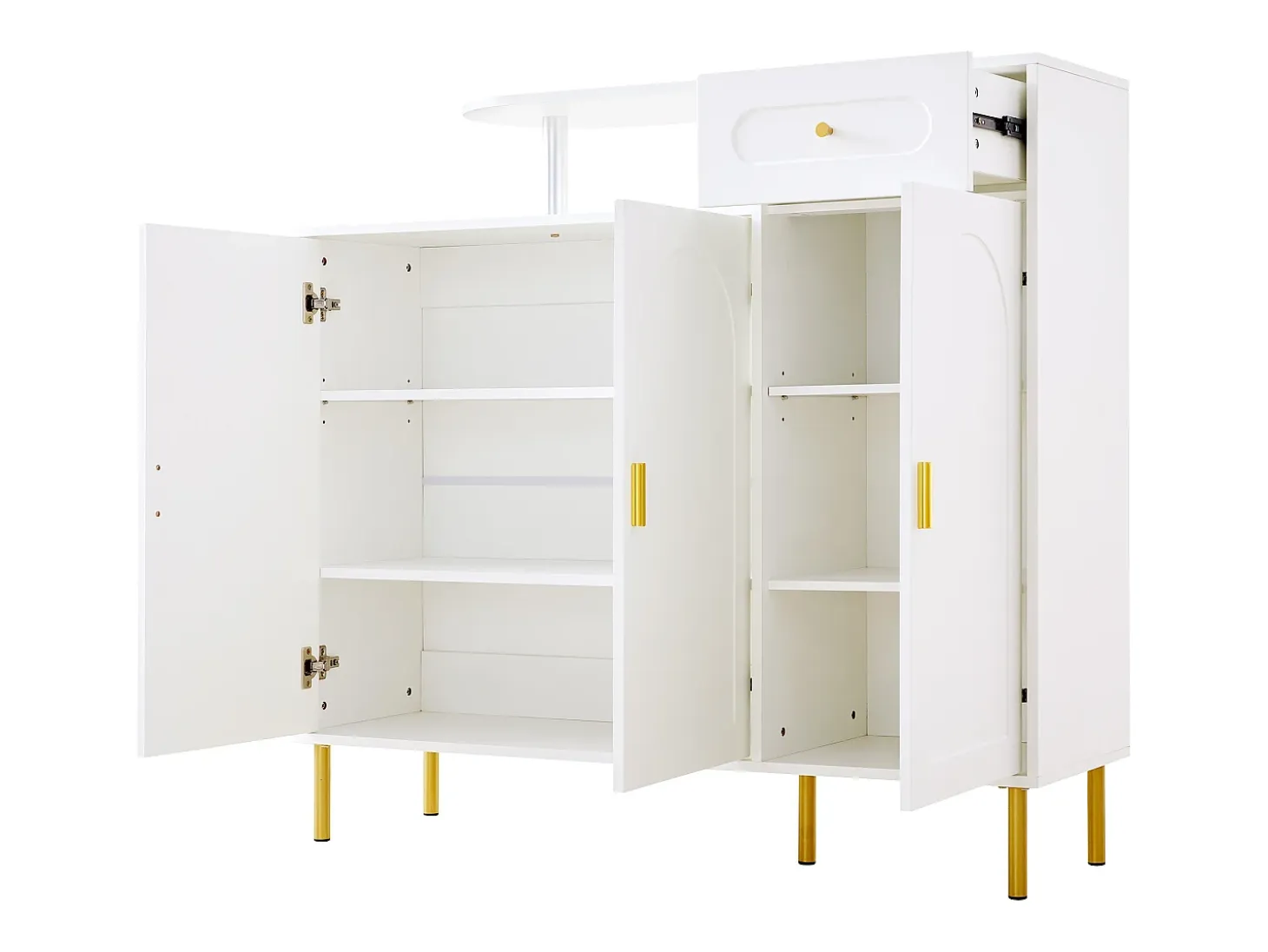 Zapatero blanco con 1 cajón y 3 puertas, tiradores y patas de metal dorado