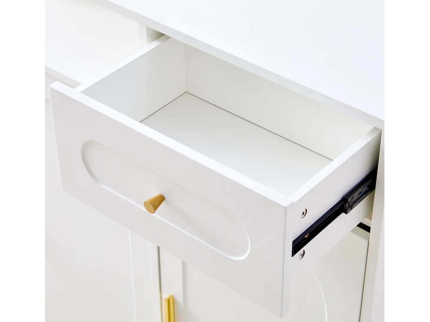 Zapatero blanco con 1 cajón y 3 puertas, tiradores y patas de metal dorado