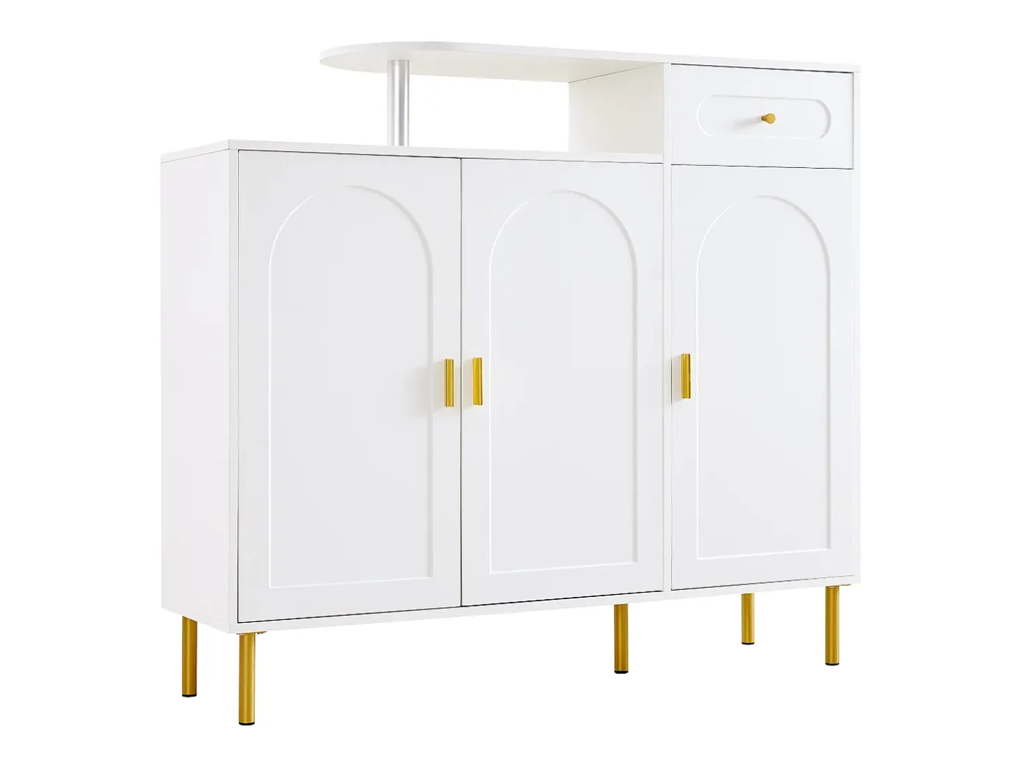Zapatero blanco con 1 cajón y 3 puertas, tiradores y patas de metal dorado