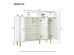 Zapatero blanco con 1 cajón y 3 puertas, tiradores y patas de metal dorado