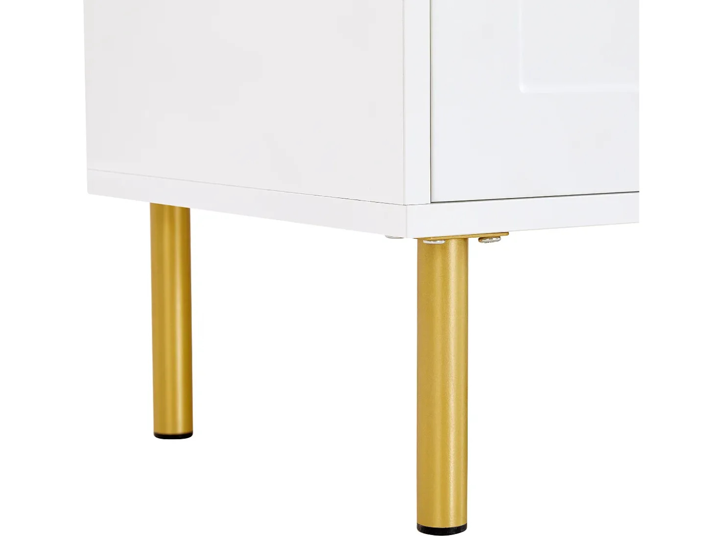 Zapatero blanco con 1 cajón y 3 puertas, tiradores y patas de metal dorado