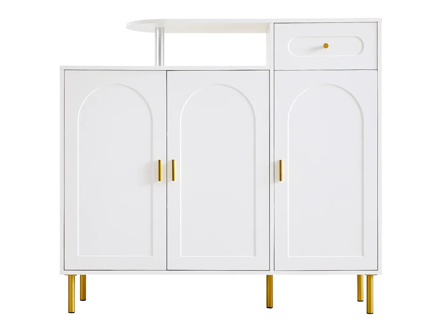 Zapatero blanco con 1 cajón y 3 puertas, tiradores y patas de metal dorado
