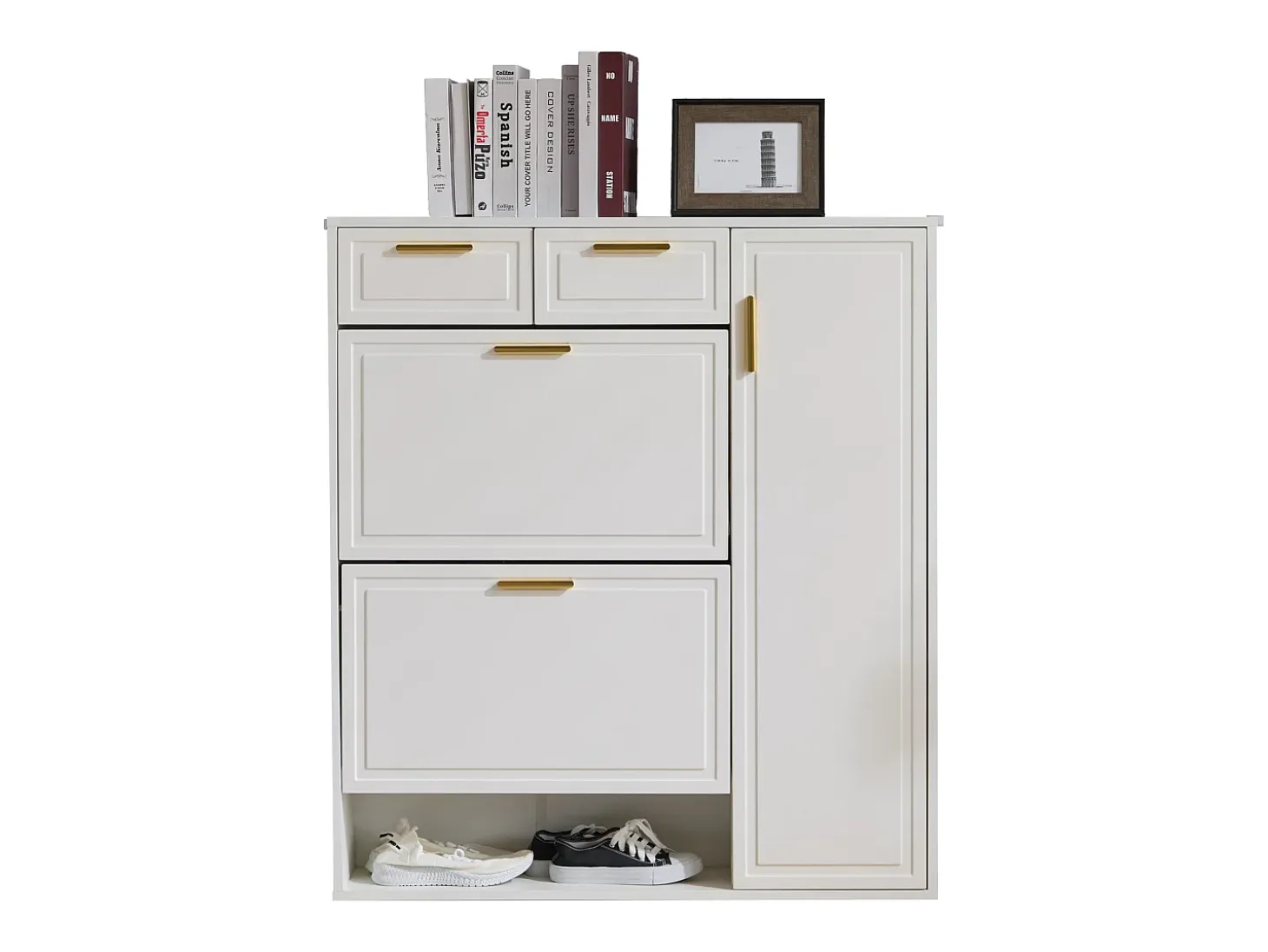 Zapatero blanco con 2 cajones, 2 aletas y 1 puerta 95x24x107cm
