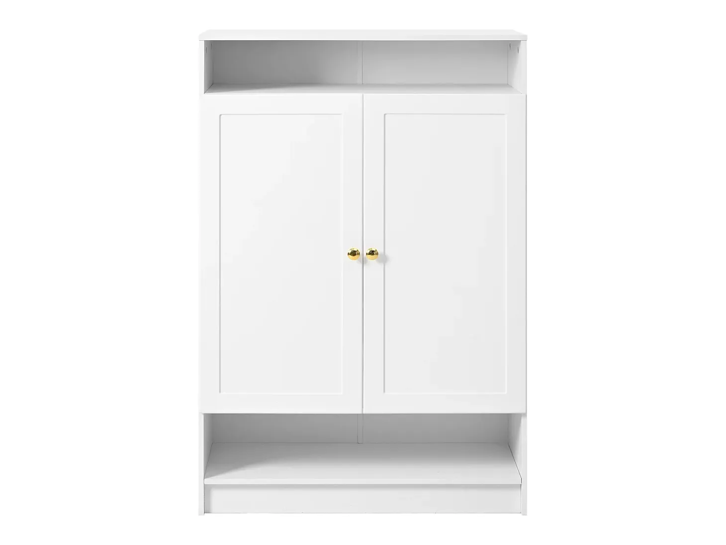 Zapatero blanco con 2 puertas y estantes regulables, tiradores dorados - adecuado para salones y entradas