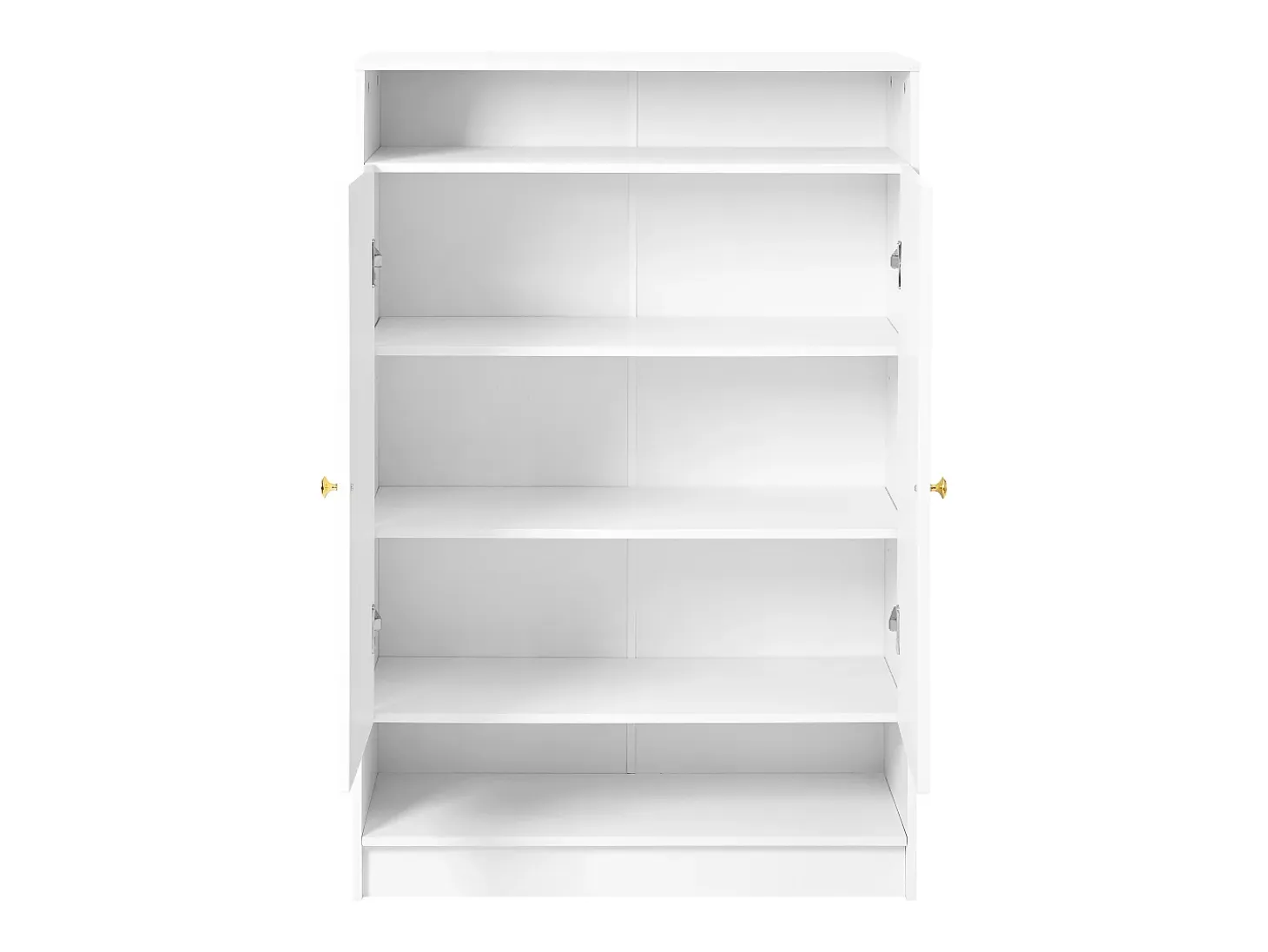 Zapatero blanco con 2 puertas y estantes regulables, tiradores dorados - adecuado para salones y entradas
