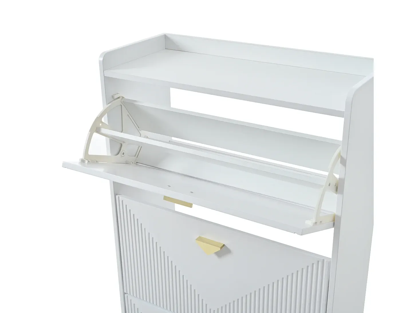 Zapatero blanco con 3 puertas abatibles y 6 compartimentos