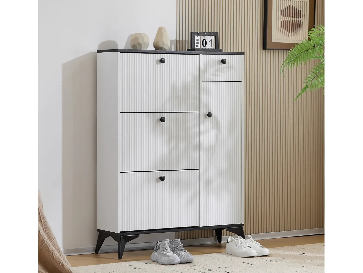 Zapatero blanco con 3 puertas, 1 cajón y 1 puerta, estilo moderno, ideal para la entrada o el salón