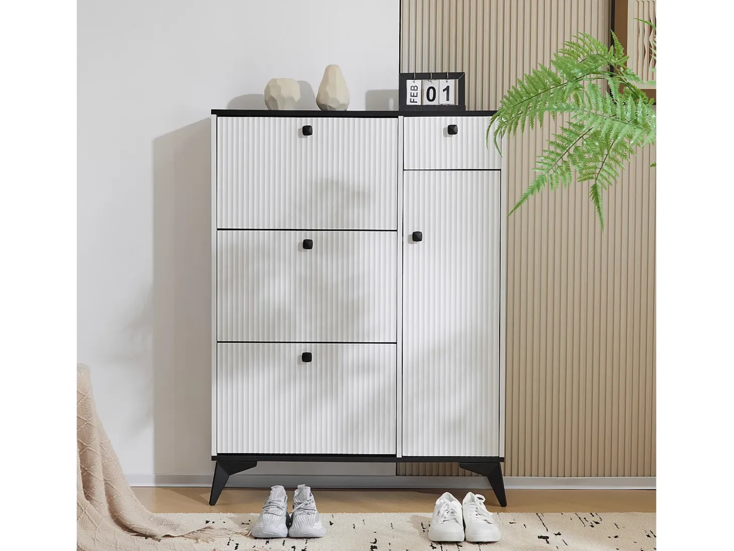 Zapatero blanco con 3 puertas, 1 cajón y 1 puerta, estilo moderno, ideal para la entrada o el salón