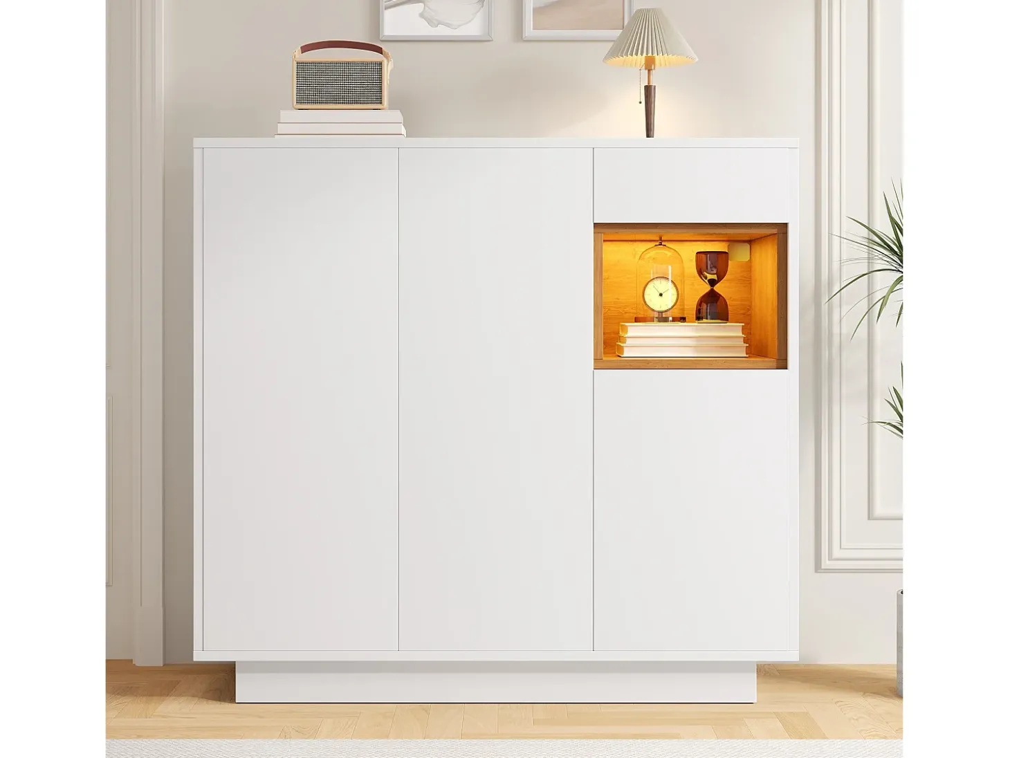 Zapatero blanco con iluminación LED - Zapatero de 3 puertas y 1 cajón - Estantes regulables