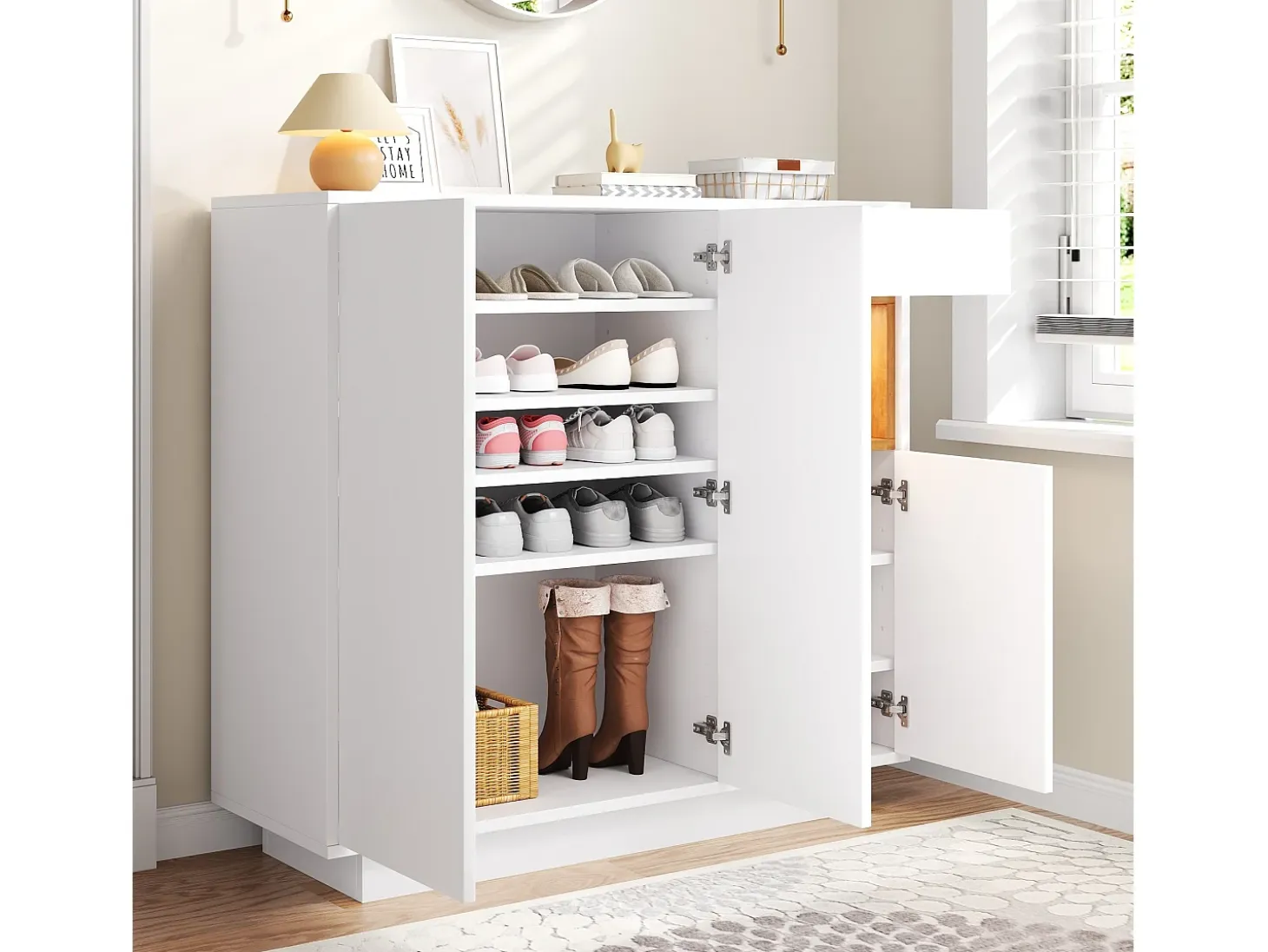 Zapatero blanco con iluminación LED - Zapatero de 3 puertas y 1 cajón - Estantes regulables