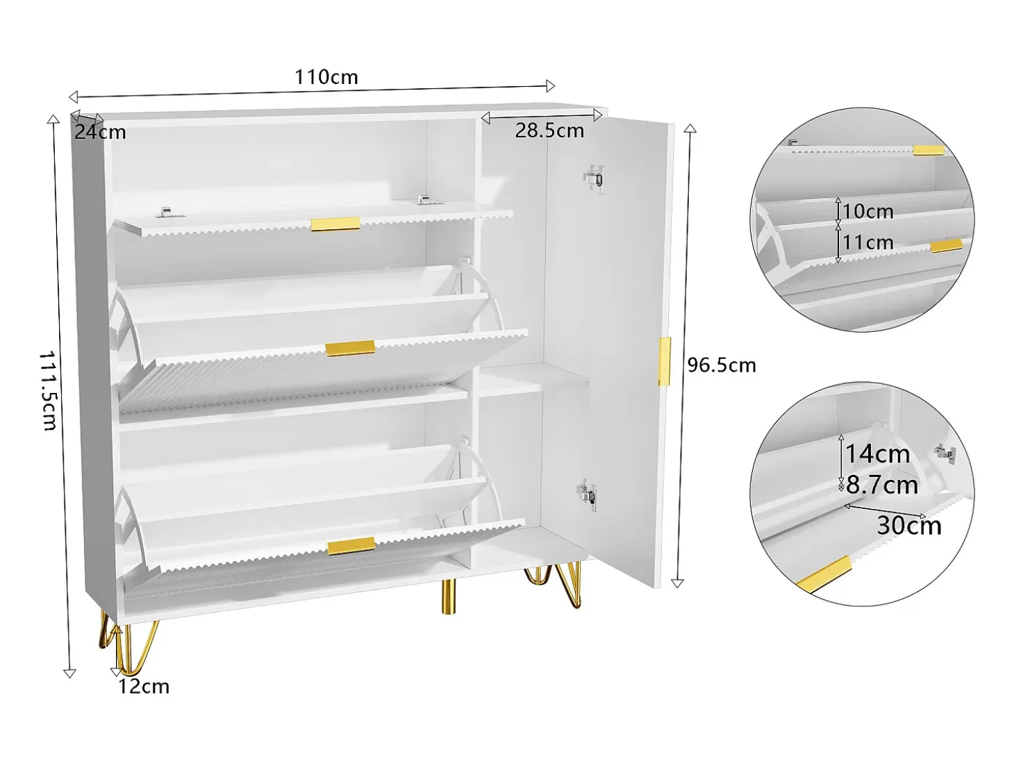 Zapatero blanco de 3 puertas abatibles y 1 puerta, con estantes regulables, 110 x 24 x 118,5 cm