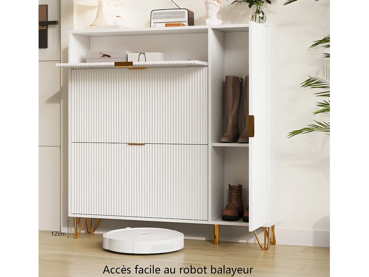 Zapatero blanco de 3 puertas abatibles y 1 puerta, con estantes regulables, 110 x 24 x 118,5 cm