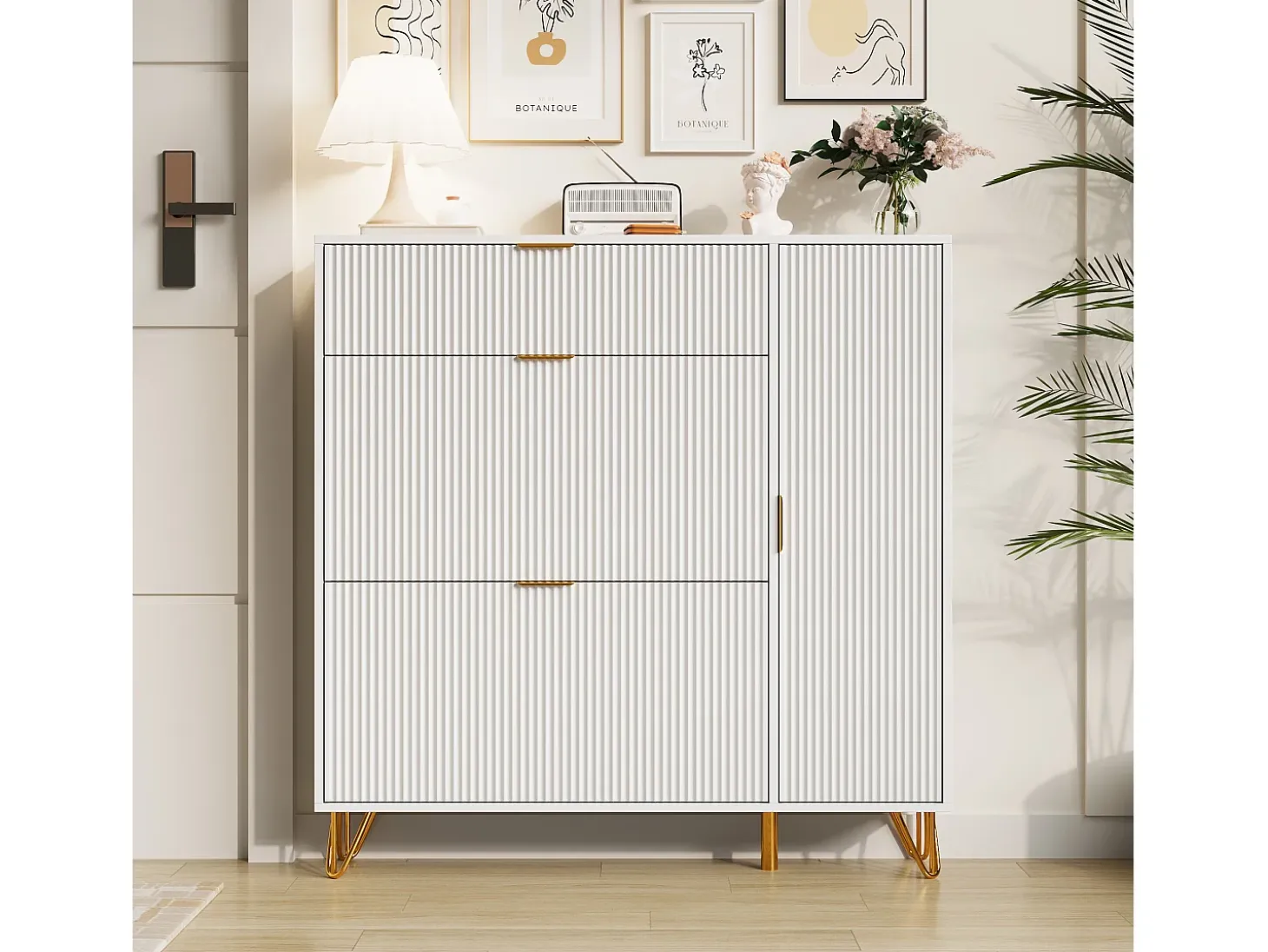 Zapatero blanco de 3 puertas abatibles y 1 puerta, con estantes regulables, 110 x 24 x 118,5 cm
