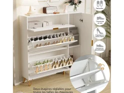 Zapatero blanco de 3 puertas abatibles y 1 puerta, con estantes regulables, 110 x 24 x 118,5 cm