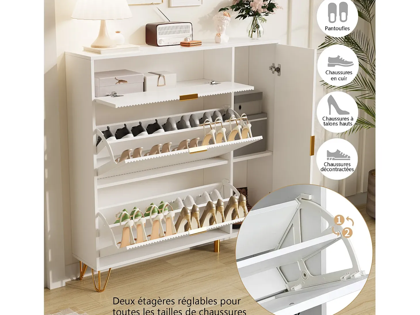 Zapatero blanco de 3 puertas abatibles y 1 puerta, con estantes regulables, 110 x 24 x 118,5 cm