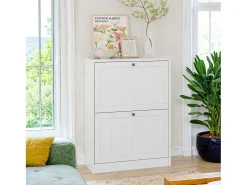 Zapatero blanco, diseño moderno mid-century, con 2 cajones abatibles, ideal para entrada y pasillo (60x24x80 cm)