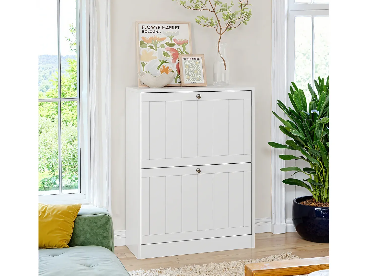 Zapatero blanco, diseño moderno mid-century, con 2 cajones abatibles, ideal para entrada y pasillo (60x24x80 cm)