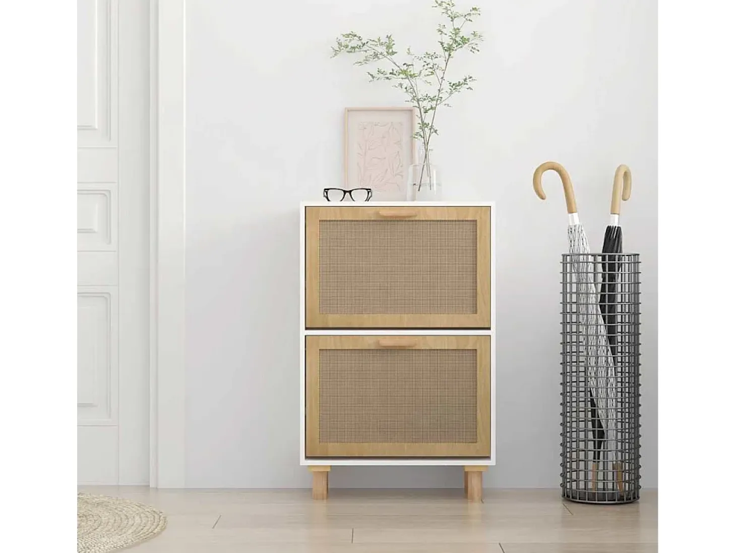 Zapatero blanco 52x25x80 cm Madera de ingeniería/Ratán