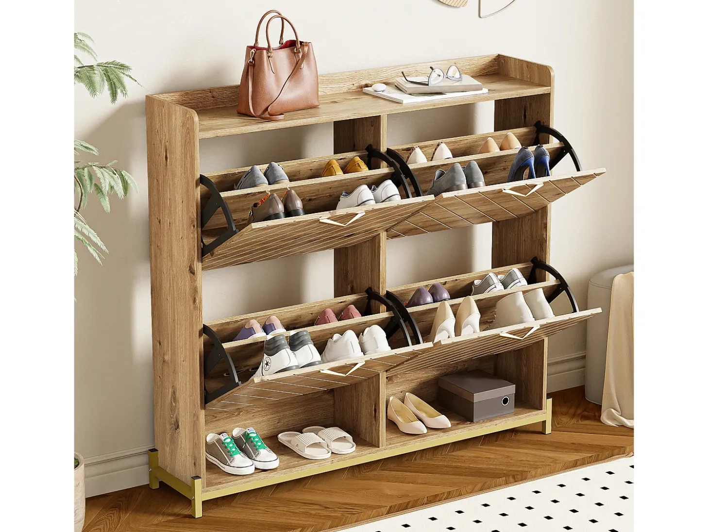 Zapatero compacto de 4 puertas con estantes abiertos - Madera - 108,5 cm - para entrada y pasillo