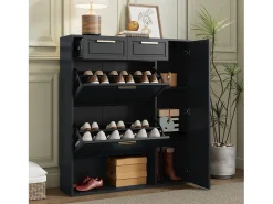 Zapatero con 3 cajones abatibles y 1 puerta, zapatero de madera con tiradores de metal, color negro (90x25x121 cm)