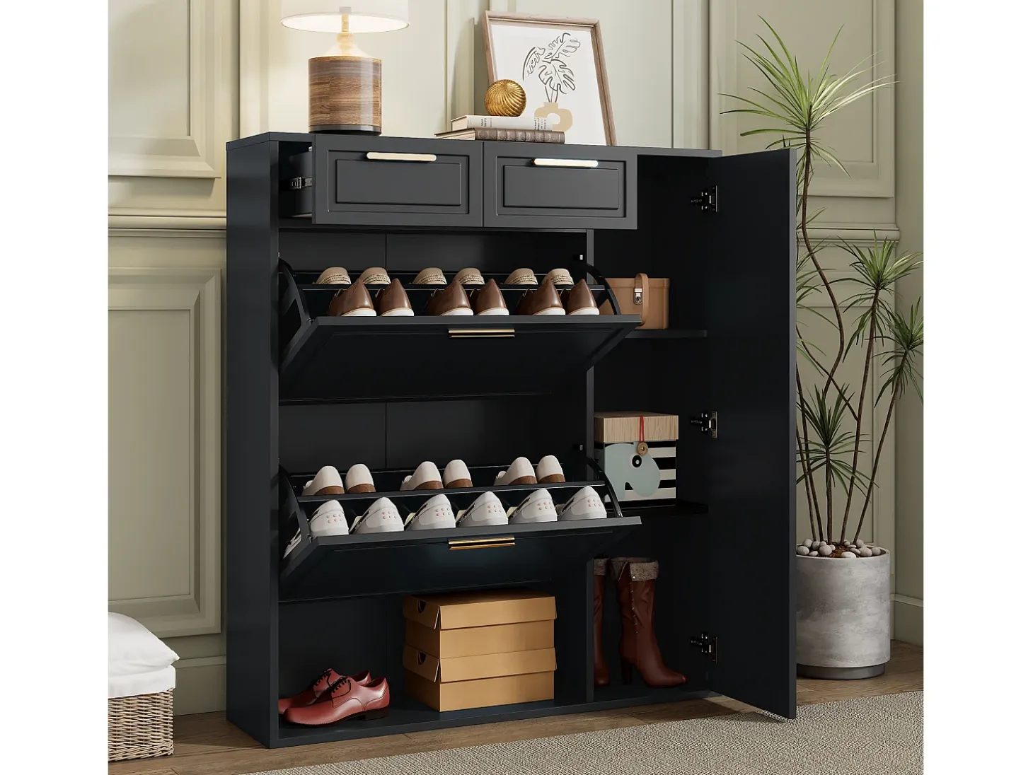 Zapatero con 3 cajones abatibles y 1 puerta, zapatero de madera con tiradores de metal, color negro (90x25x121 cm)